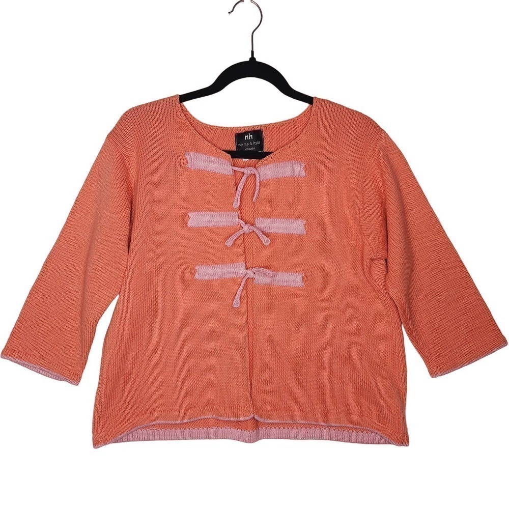 norma & hyla Hand Loomed Knit Tie Front Cardigan Medium Boxy Peach Pink Cotton
